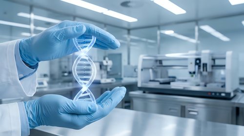 Scientist hands in blue gloves holding glowing DNA double helix hologram in modern laboratory for genetic research and biotechnology innovation.