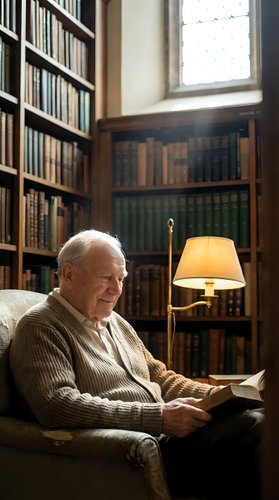 Senior Caucasian man reading book in cozy home library with floor lamp and wooden bookshelves creating warm intellectual atmosphere for education content.
