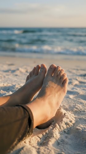 Bare feet relaxing on sandy beach at sunset with ocean waves in background, vacation and leisure lifestyle concept for travel and wellness content.