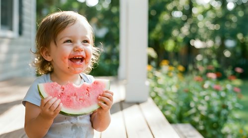 Toddler girl with curly blonde hair, Caucasian ethnicity, eating fresh watermelon slice outdoors on sunny porch with green garden background.