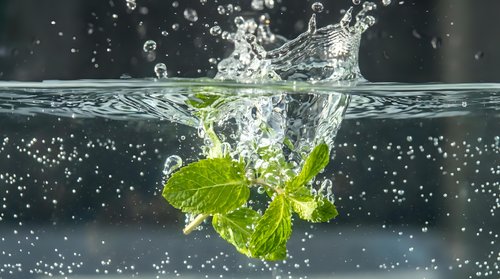Fresh mint leaves splashing into clear water creating dynamic crown splash with bubbles against dark background for beverage and culinary concepts.