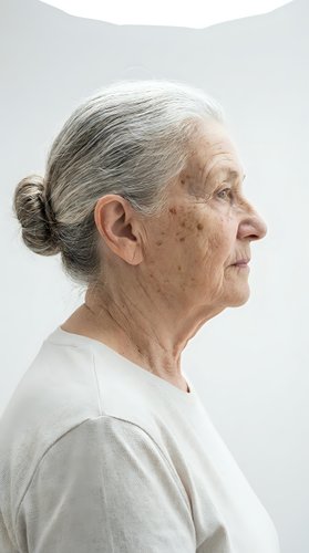 Senior woman with gray hair in profile view wearing casual white t-shirt against neutral background. Suitable for healthcare, aging, wellness and lifestyle editorial use.