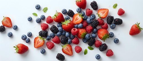 Fresh mixed berries scattered on white background with strawberries blueberries blackberries raspberries and mint leaves for healthy eating concepts.