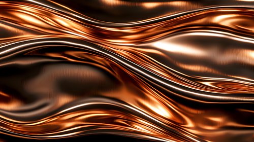 Luxurious copper and bronze metallic waves create dynamic flowing pattern with smooth glossy curves and rich reflective surface texture for elegant abstract background design.