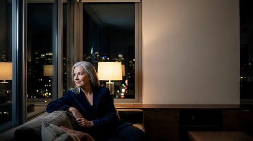Professional blonde businesswoman in dark suit relaxing on sofa in modern office with city lights view through windows during evening hours.
