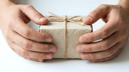 Hands protecting wrapped gift box with natural twine bow on white background. Eco-friendly packaging concept for holidays and special occasions.