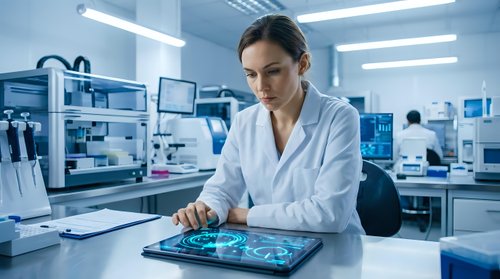 Female scientist in white lab coat working with digital tablet displaying holographic data in modern research laboratory setting for technology and innovation concepts.