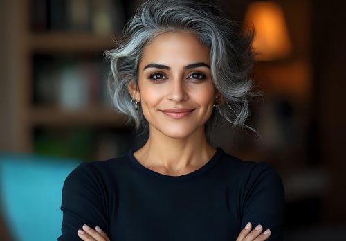 Confident mature woman with silver gray hair and natural makeup smiling at camera, wearing black sweater. Arms crossed, professional headshot against blurred background.