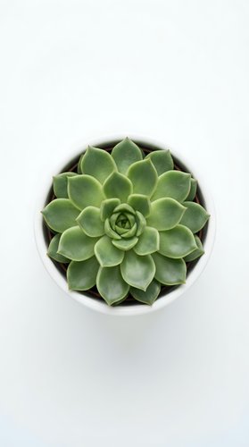 Green succulent plant in white pot viewed from above on clean white background for home decor and gardening projects.