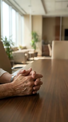 Senior businessman hands clasped on wooden conference table in modern office boardroom with natural lighting and contemporary furniture.