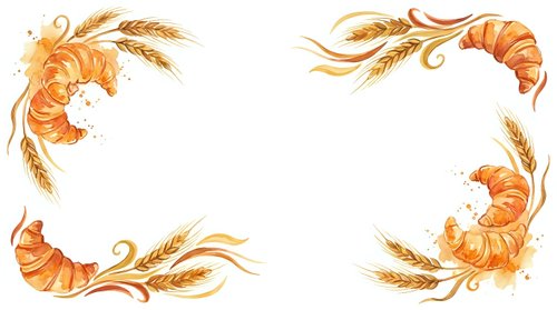 Watercolor frame with golden wheat ears and croissants in corners on white background, suitable for bakery branding, menu design, and food packaging.