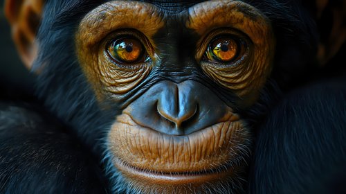 Close-up portrait of young chimpanzee face showing expressive amber eyes, detailed facial features and wrinkled skin texture against dark background. Wildlife photography.
