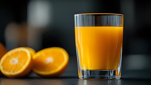 Fresh squeezed orange juice in clear glass with whole and sliced oranges on dark background, selective focus on drink for food and beverage photography.