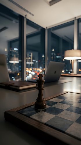Chess piece on board in modern office workspace with city lights at night, laptop and desk lamp visible, suitable for business strategy and corporate planning concepts.