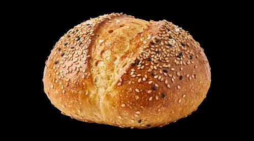 Whole grain seeded bread roll isolated on transparent background, ready for bakery menus, food packaging, restaurant designs, print-on-demand products, and culinary graphics.