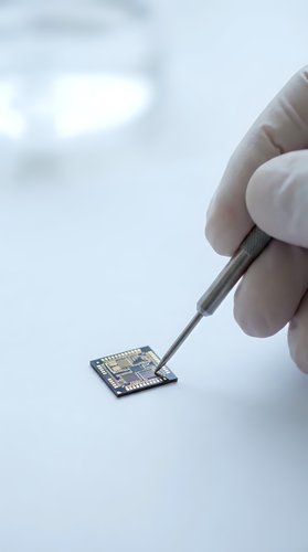 Gloved hand using precision tweezers to handle a tiny microchip on white surface, showcasing electronics manufacturing and semiconductor technology.
