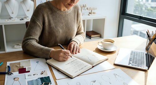 Young woman writing in notebook at modern workspace with laptop and coffee cup for business planning and productivity.