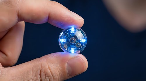 Hand holding glowing blue globe sphere with illuminated continents and digital network connections representing global technology and worldwide communication.