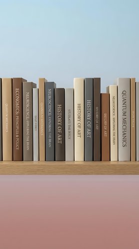 Row of books with neutral colored spines arranged on wooden shelf against pastel background for education and reading concepts.