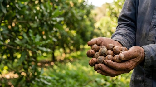 Farmer holding freshly harvested potatoes in hands against green garden background, agricultural produce and organic farming concept.