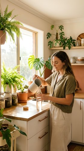 Young woman watering houseplants in bright modern kitchen with natural light. Indoor gardening and plant care routine in cozy home interior with greenery.