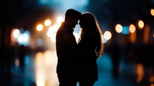 Romantic silhouette of couple touching foreheads against evening city lights and bokeh background, intimate moment captured in dark blue atmospheric setting.