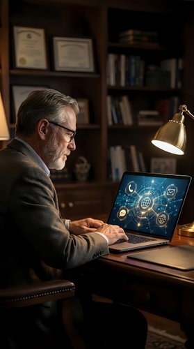 Senior Caucasian businessman in suit working on laptop with glowing digital communication icons in a classic wood-paneled office.