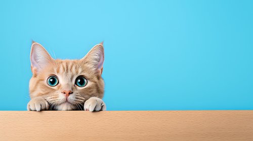 Curious ginger cat peeking over wooden surface against blue background, looking up with big eyes and paws visible, creating humorous expression.