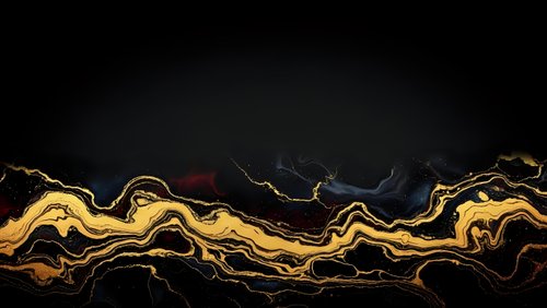 Abstract golden liquid waves flowing on black background creating luxury marble texture for premium design projects.