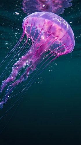 Luminous purple jellyfish floating gracefully through dark ocean waters with glowing tentacles and translucent bell creating magical underwater atmosphere.