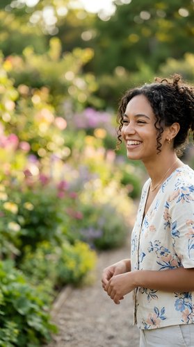 Young woman with dark curly hair and mixed ethnicity smiling in blooming garden surrounded by colorful flowers and lush green foliage, perfect for lifestyle and wellness content.