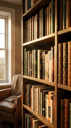 Cozy home library with wooden bookshelves filled with vintage books and comfortable reading chair by window for studying and relaxation.