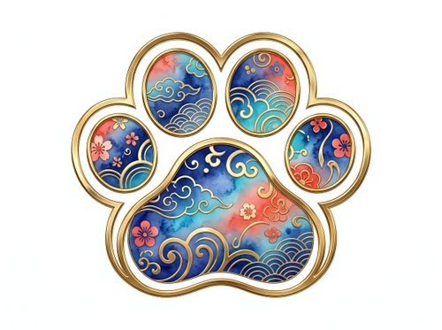 Colorful paw print with ornate gold frame featuring swirling patterns, flowers, and gradient colors from blue to coral tones. Isolated design element suitable for pet-related merchandise, apparel, and creative projects.