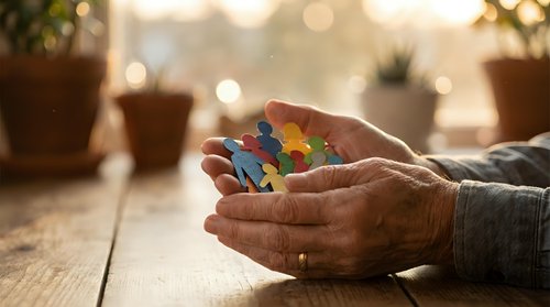 Elderly hands gently holding colorful paper cutout figures representing family unity, diversity and community support in warm sunlit home setting.