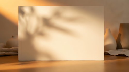 Blank paper card with natural shadow overlay on wooden surface creating warm aesthetic mockup for branding and design presentations.