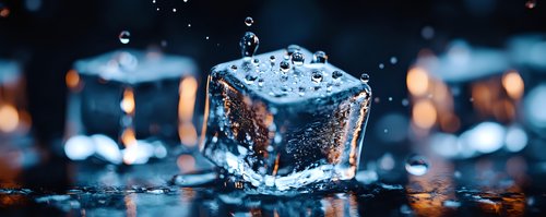 Transparent ice cube with water droplets splashing on wet surface with bokeh lights background for beverage and cooling concepts.