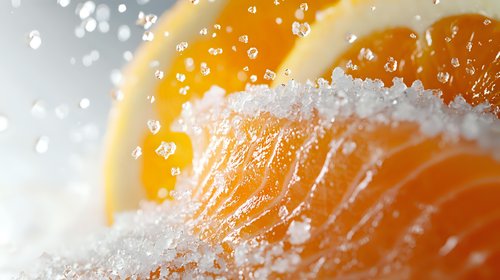 Fresh orange slice with crystalline sugar coating and water droplets in macro photography, bright citrus fruit with textured details and sparkling bokeh effect.