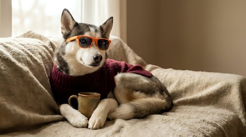 Stylish husky dog wearing sunglasses and sweater relaxing on couch with coffee cup, perfect for lifestyle and pet care marketing campaigns.