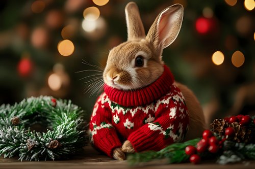 Adorable brown rabbit wearing festive red knitted sweater with winter pattern surrounded by holiday decorations and warm bokeh lights for seasonal greeting cards.
