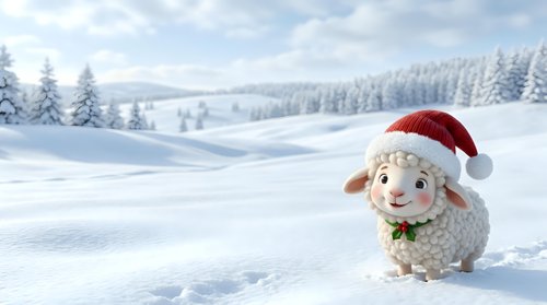 Cheerful sheep wearing red Santa hat sitting in snowy winter landscape with frost-covered evergreen trees and rolling hills, festive holiday season decoration.