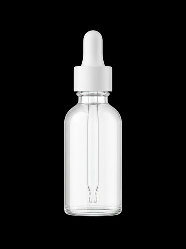 Clear glass dropper bottle with white pipette cap isolated on transparent background, ready for cosmetic, essential oil, serum, and skincare product packaging design, sublimation, and print-on-demand applications.