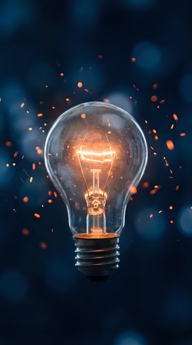 Glowing incandescent bulb with illuminated filament emitting warm orange light and sparks against dark blue background, symbolizing innovation and creative ideas.