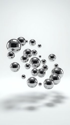Floating chrome spheres with mirror reflections on white background for modern design and technology concepts.