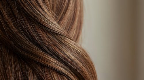 Close-up of healthy brown hair with natural highlights showing detailed texture and shine, perfect for beauty and haircare advertising campaigns.