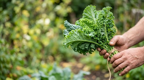 Farmer holding fresh curly kale leaf in garden, harvesting organic vegetables for cooking and healthy eating, agricultural produce.