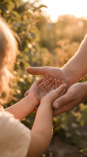 Hands of different generations connecting in warm golden sunlight outdoors, symbolizing family bonds, support and intergenerational relationships in nature.