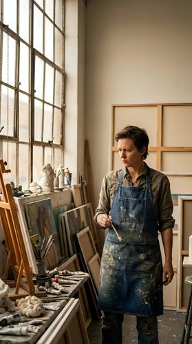 Male artist in denim apron working with paintbrush in sunlit studio workspace with easels, canvases and art supplies for creative projects and artistic expression.