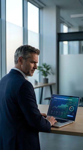 Mature businessman analyzing financial data on laptop in modern office environment for corporate strategy and investment planning decisions.