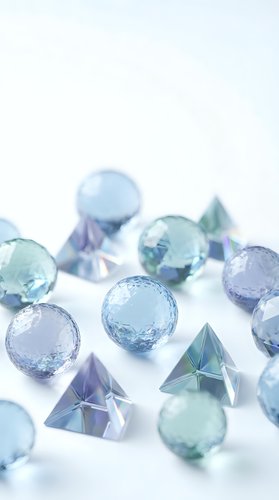 Colorful glass spheres and geometric crystals scattered on white surface creating elegant decorative composition for luxury design projects.