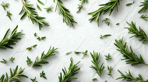 Fresh rosemary sprigs scattered on white wooden background. Aromatic herb pattern for culinary, cooking, natural medicine and organic food concepts.